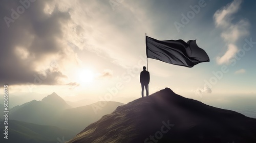 A silhouette of a successful businessman stands with a large flag on top of a mountain in the morning sunlight, featuring his success