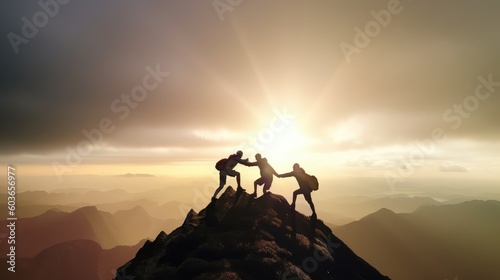 A silhouette of three men or hikers helping one another climb up to the top or peak of a mountain successfully  showcasing the power of teamwork and collaboration in achieving success.