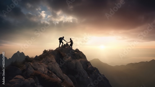 A silhouette of two men or hikers helping one another climb up to the top or peak of a mountain successfully, showcasing the power of teamwork and collaboration in achieving success.
