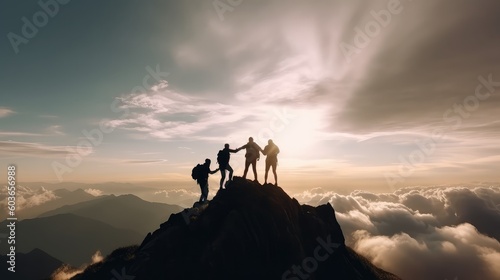 A silhouette of four men or hikers helping one another climb up to the top or peak of a mountain successfully, showcasing the power of teamwork and collaboration in achieving success.