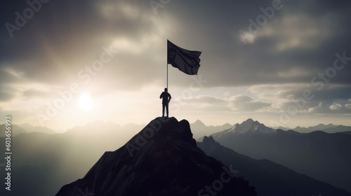 A silhouette of a successful businessman stands with a large flag on top of a mountain in the morning sunlight, featuring his success
