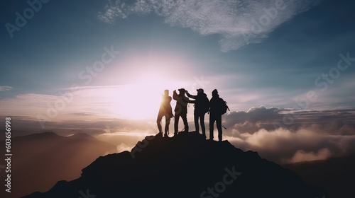 A silhouette of four men or hikers enjoy successful moment after climb up to the top or peak of a mountain successfully. Teamwork and collaboration in achieving success. Generative AI