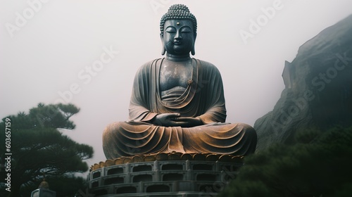 Buddhist temple situated in a calm environment. Tranquil scene evokes a sense of peace and spirituality, highlighting the serene and meditative atmosphere. Generative AI