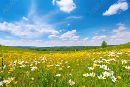 Beautiful spring landscape with meadow yellow flowers and daisies against the blue sky. Natural summer panorama