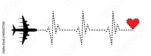Heart rhythm, heartbeat line vector design with red heart and airplane. Medical design to use in healthcare, healthy lifestyle, medicine and ekg concept illustration projects.
