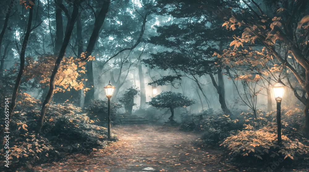 Fototapeta premium Path in the forest park illuminated by lamps during the dawn. Generative AI.