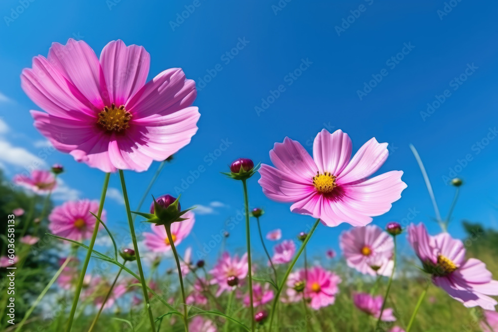 Beautiful pink cosmos flowers against the blue sky outdoors in nature close-up. Beautiful pink cosmos flowers against the blue sky outdoors in nature close-up.