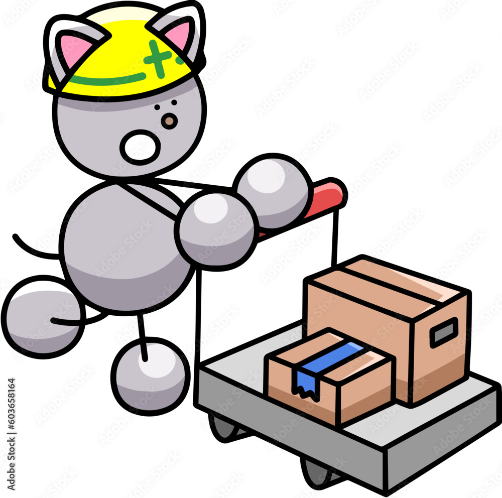 Fototapeta premium 台車で荷物を運ぶにゃんまるのイラスト(左右反転バージョン) 猫