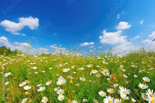 Beautiful spring landscape with meadow yellow flowers and daisies against the blue sky. Natural summer panorama © Kateryna