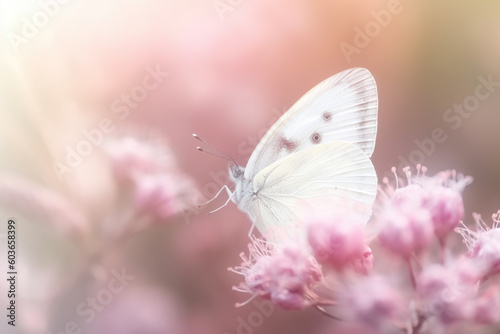Delicately pink romantic natural floral background with a white butterfly on flower in soft daylight with beautiful bokeh and pastel colors, close-up macro