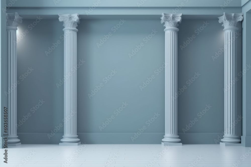 Beautiful gray-blue empty wall with columns with lateral lighting. Minimalistic background for product presentation. AI generated.