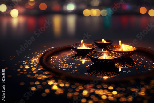 Diwali festival lights floating on water. Created using Generative AI photo