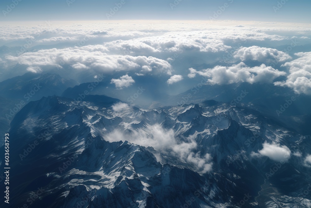 Obraz premium View of the snow-capped mountains from the airplane window -Ai