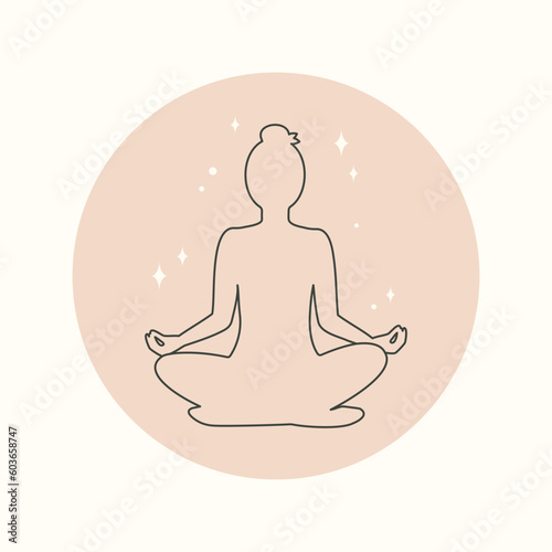 Female silhouette in lotus position. Symbol, logo, emblem, icon for web design, social media stories. Trendy minimal lineart style. Woman practices yoga asanas. Sports activities. Vector in boho style