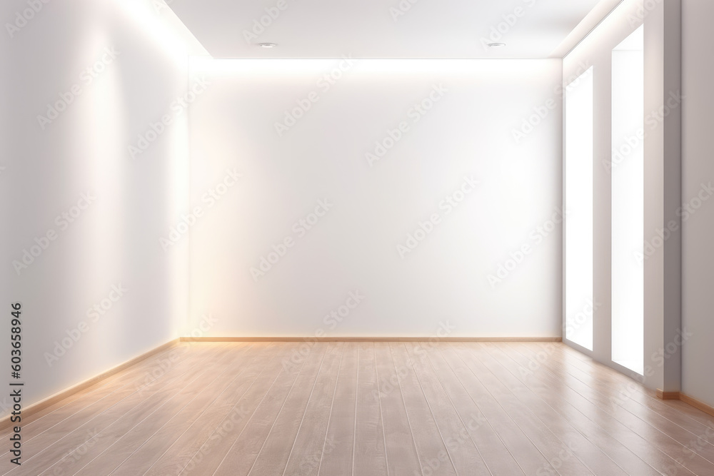 Fototapeta premium Empty light interior background. White textured empty wall and wooden light floor with beautiful lighting. AI generated.