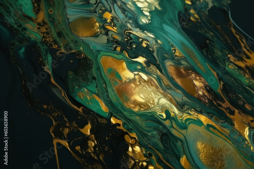 Abstract background in fluid art style. Green and gold colors. AI generative.