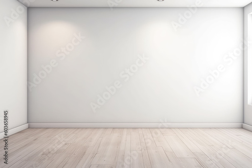 Empty light interior background. White textured empty wall and wooden light floor with beautiful lighting. AI generated.  © Kateryna