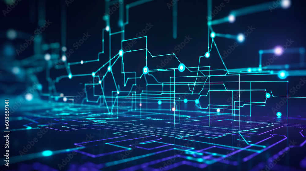 Obraz premium abstract background, telecommunications tech concept with blue lights, futuristic computing wire circuits, in the style of purple and blue, Generative AI