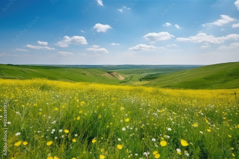 Beautiful natural spring summer landscape of a flowering meadow in a hilly area on a bright sunny day. Many flowers in a field in green grass. Small zone of sharpness
