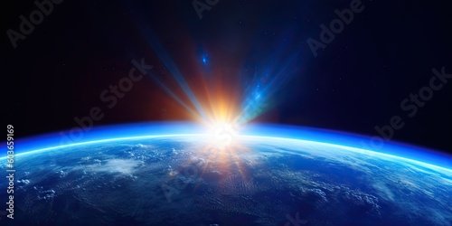 Blue Earth Sunlight in Space. Global Perspective. Generative AI illustrations.