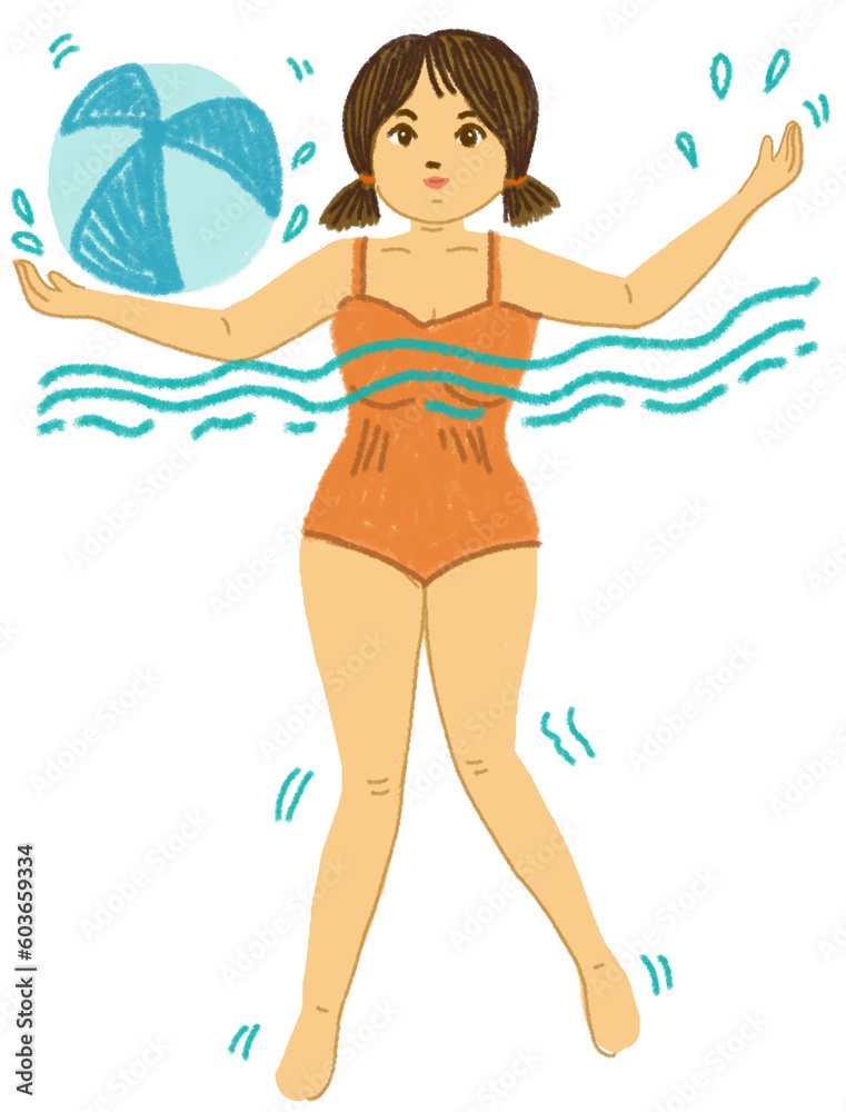 Woman swimming and floating relaxing with beach ball. isolated on white background. Hand drawn pastel, crayon, oil pastel and chalk illustration