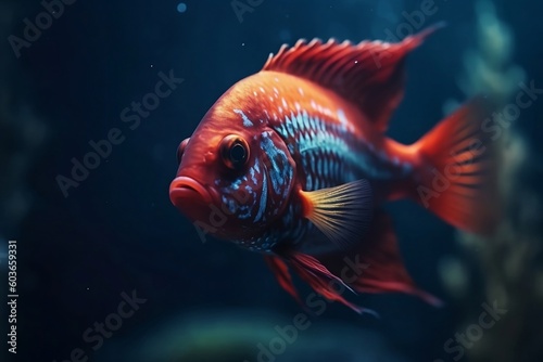 A beautiful fish swims in the depths of the sea. Generative AI.