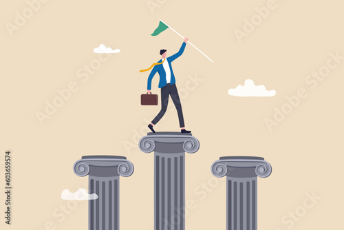 Pillars of success, foundation or support to achieve business target, challenge to be winner or rules of success, stable and strong leadership concept, businessman holding winning flag on pillars.