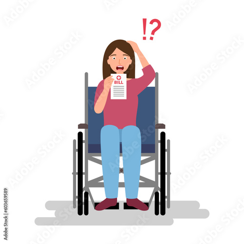Woman patient surprised by expensive medical bill in flat design on white background.