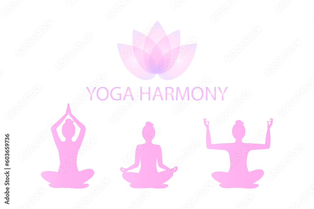 Set of silhouettes of woman in different yoga poses. Women practice meditation. Yoga complex. Symbol, logo, emblem, icon for web design. Healthy lifestyle concept. Vector illustration Set of silhouettes of woman in different yoga poses. Women practice meditation. Yoga complex. Symbol, logo, emblem, icon for web design. Healthy lifestyle concept. Vector illustration