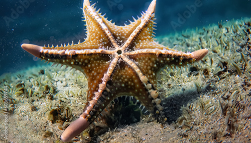 Vibrant Marine Life: Starfish Swimming Around Colorful Coral in the Sea for background, banner, web design, poster, marine biology, sea creatures, aquatic life, biodiversity, sea life. Generative AI