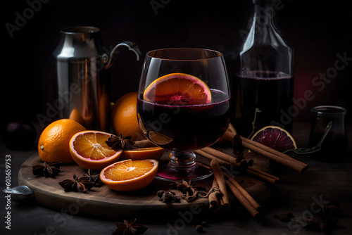 Mulled wine, spiced wine with slide of cinnamon, oranges on wooden board, generative ai