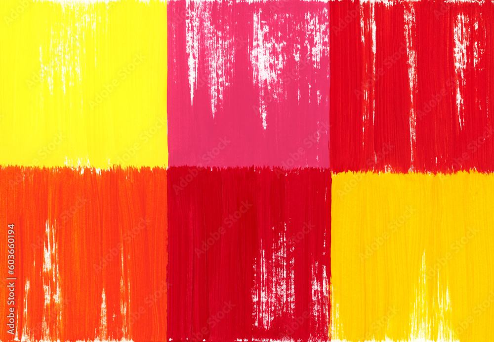 Six square swatches of paint - lemon, orange, pink, crimson, red, yellow colors. Hand painted horizontal artistic backdrop with place for text. Design template, banner, frame.