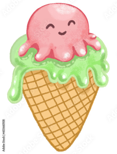 Cute ice cream cone.cartoon style isolated on white background. Hand drawn pastel, crayon, oil pastel and chalk illustration