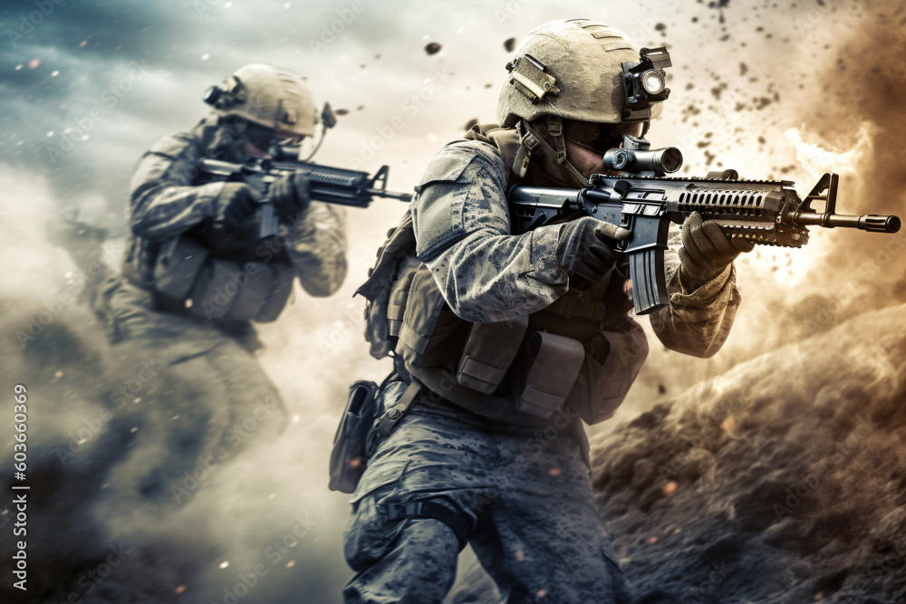 Free photo army soldiers fighting with guns and defending their country made with Generative AI Free photo army soldiers fighting with guns and defending their country made with Generative AI