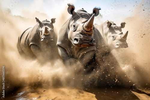 Fotótapéta Stunning wild rhinos running towards camera splashing mud and dust