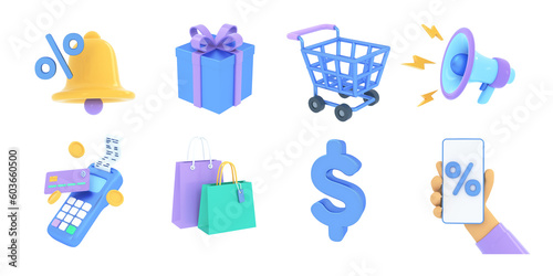 3D collection of shopping, sale, economy icons. Online shopping, saving money, promotion, managing financial income, e-commerce, trading market, payment concept, online store. 3d render illustration.