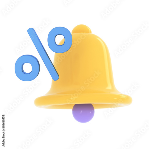 3d  notification icon with percent or interest rate. Advertising marketing, promotion, sale, commercial bonuses, online shopping, discount offer, sales concept. 3d rendering illustration. photo
