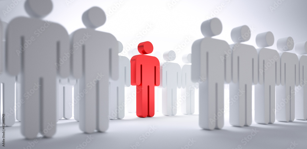 Red individual in the white crowd - concept of leadership and excellence - 3D illustration Red individual in the white crowd - concept of leadership and excellence - 3D illustration