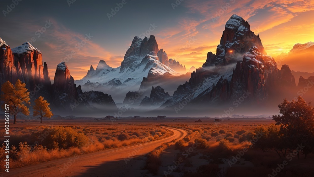 Fantasy landscape with mountains and road at sunrise. 3d rendering