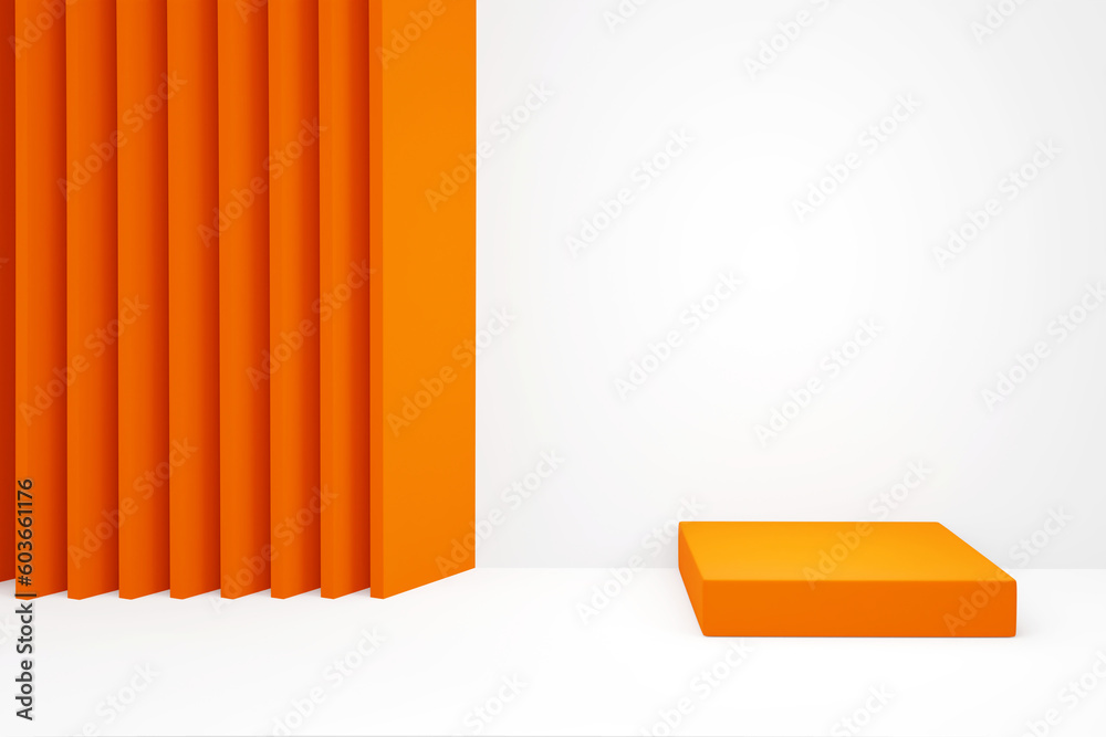 Obraz premium 3D abstract geometric orange and white background. Several rectangle shapes are stacked diagonally on the background that resembles a square room. 3D render illustration.