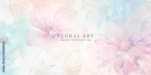 Abstract floral art vector background. Hand drawn flowers line art botanical watercolor. Use by Template design, invitation card, banner, print, greeting card, poster, wallpaper, cover decoration.