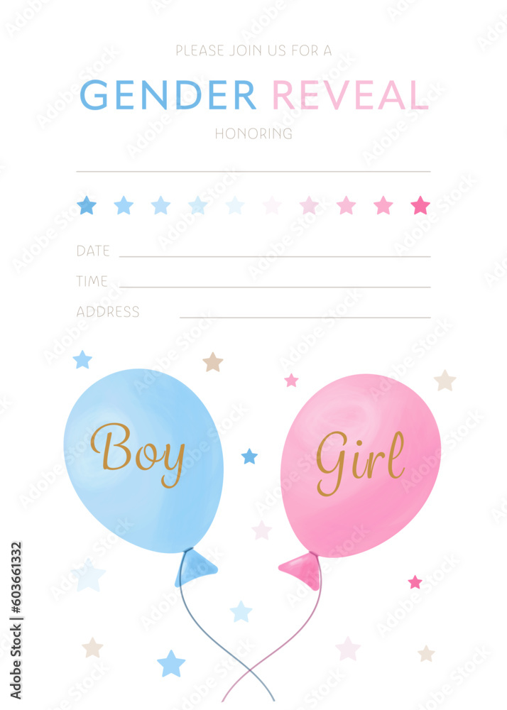 Vector gender reveal party invitation template with pink and blue balloons, with gap for filling	