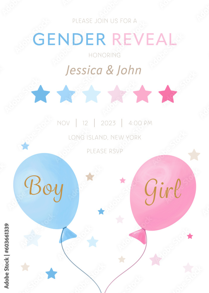 Vector gender reveal party invitation template with pink and blue balloons	