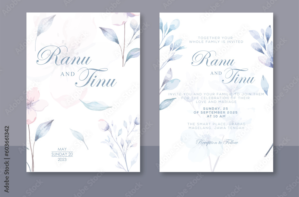 Wedding invitation card template design. Beautiful watercolor florals and leaves wedding invitation card. Premium vector design