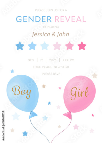 Vector gender reveal party invitation template with pink and blue balloons 