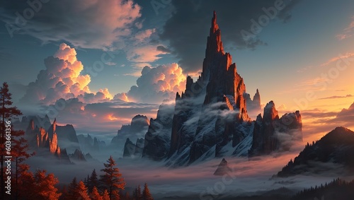 Fantasy landscape with mountains and clouds. 3d render illustration.