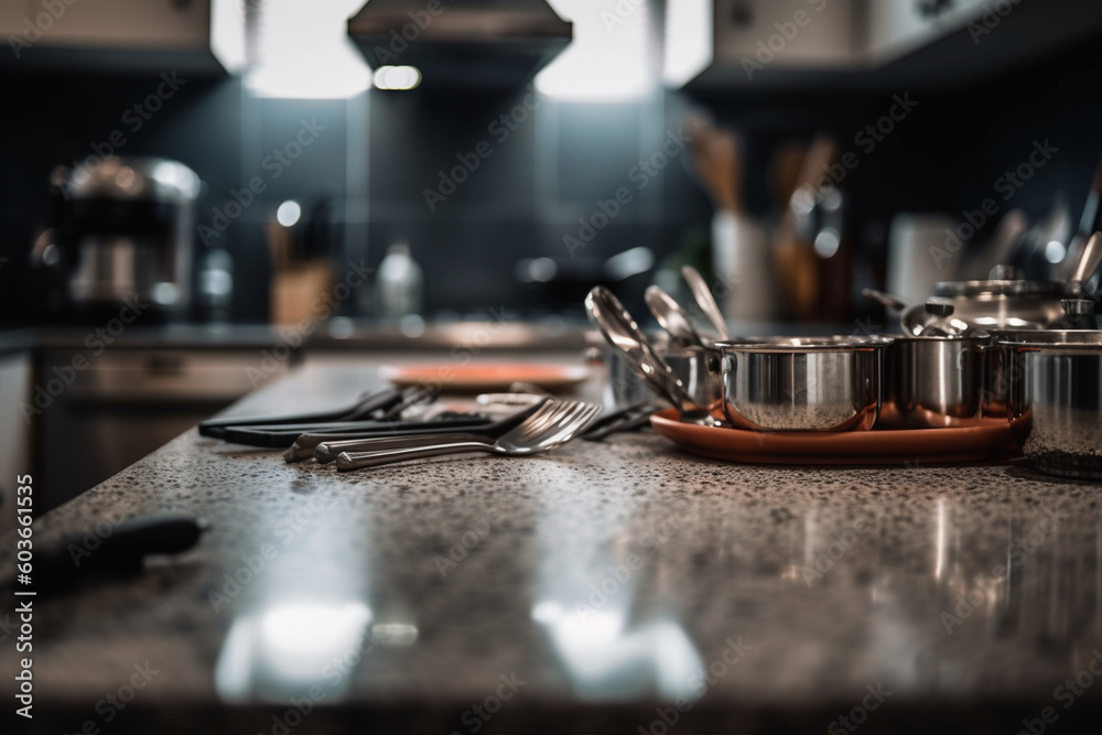 Blurred kitchen countertops with various cooking utensils scattered around Generative AI Blurred kitchen countertops with various cooking utensils scattered around Generative AI