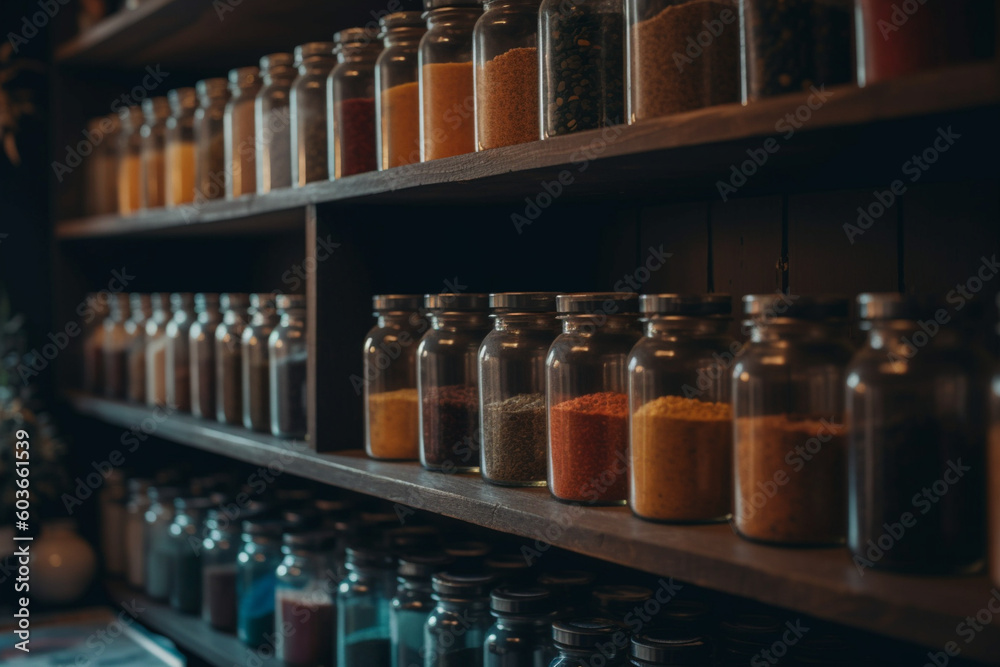 Blurred shelves filled with colorful spices and jars in a kitchen pantry Generative AI Blurred shelves filled with colorful spices and jars in a kitchen pantry Generative AI