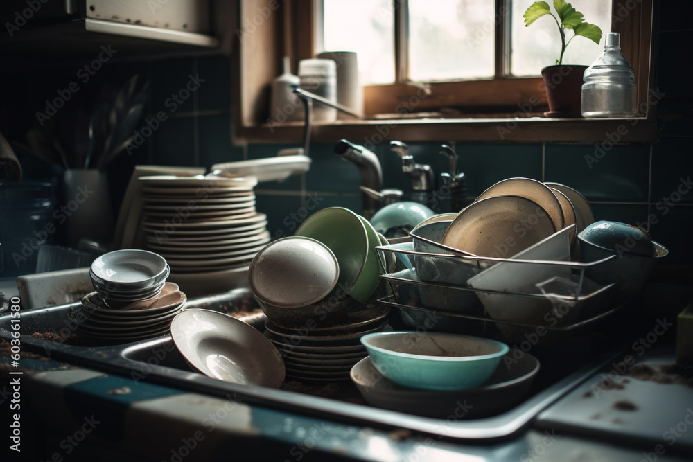 A blurred kitchen sink with dishes piled up waiting to be washed Generative AI A blurred kitchen sink with dishes piled up waiting to be washed Generative AI