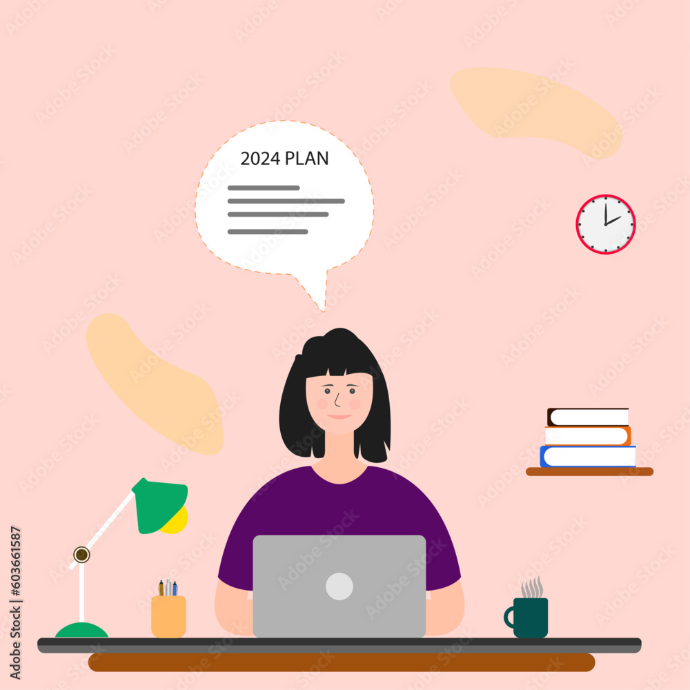 Woman making 2024 plan on computer. New year plan concept. Woman entrepreneur idea concept. Woman making 2024 plan on computer. New year plan concept. Woman entrepreneur idea concept.